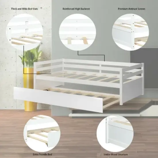 Costway Twin Size Trundle Daybed Wooden Slat Support Mattress Platform for Kids EspressoWhite image {7}