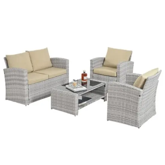 ELJGET 4 Piece Patio Furniture Set Outdoor Wicker Conversation Sets All Weather PE Rattan Sectional Sofa Set with Cushions & Coffee Table image {9}