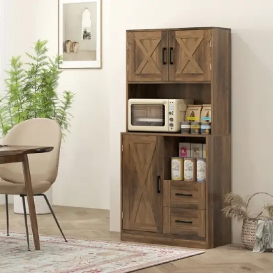 HOMCOM Farmhouse Kitchen Pantry, 71" Tall Storage Cabinet with Microwave Oven Countertop image {1}