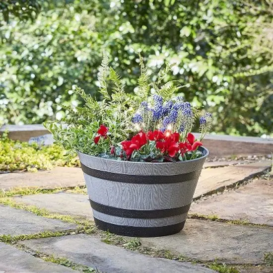 Southern Patio HDR-055457 Resin Whiskey Barrel Indoor Outdoor Garden Planter Pot for Vegetables, Trees, Plants, and Flowers, Gray (2 Pack) image {3}