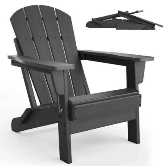 Folding Adirondack Chair Set of 2, HDPE All Weather Outdoor Fire Pit Chairs with Wooden Texture, 380Lb Capacity for Lawn Deck Backyard Patio Garden image {3}