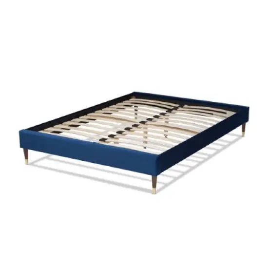 Full Volden Velvet Wood Platform Bed Frame Blue - Baxton Studio image {2}