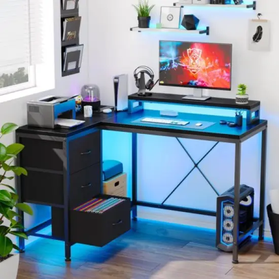 43 Inch Computer Desk, L Shaped Desk with Power Outlets and Led Lights, 3-Drawer Gaming Desk with Storage Shelves and Monitor Stand image {7}