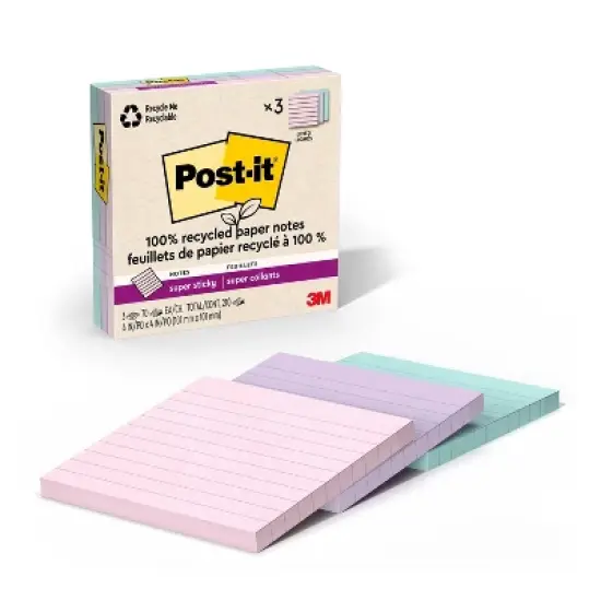 Post-it Recycled Super Sticky Notes 4"x4" Pastels: 100% Recycled Paper, 0.3 Inch Rule, Multicolored, 210 Sheets image {17}