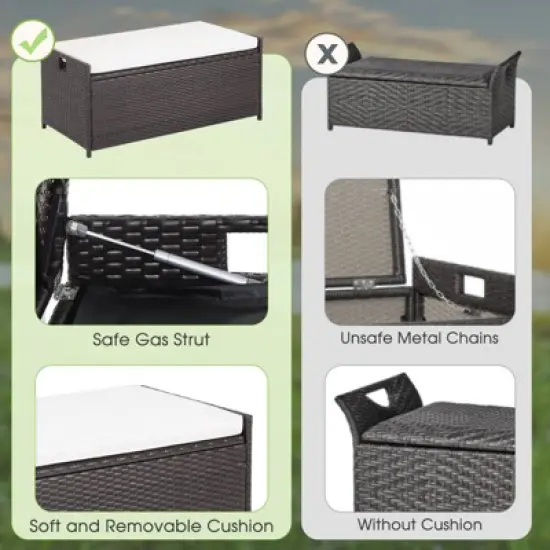 WELLFOR 34gal Patio Storage Bench PE Rattan Storage Box with Seat Cushion Mix Brown image {7}
