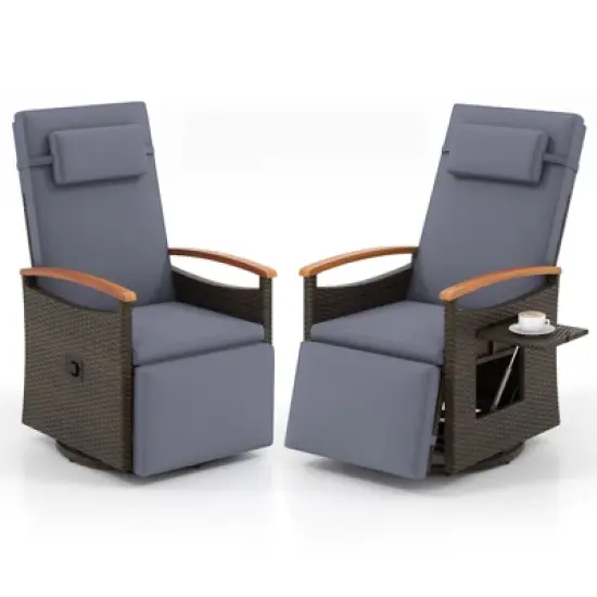 Tangkula Set Of 2 Patio Rattan 360&deg; Swivel Recliner Chair Wicker Lounge Chair w/Adjustable Backrest & Footrest Reclining Seat w/Flip Side Table image {10}