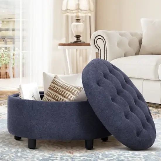 Round Fabric Storage Ottoman with Reversible Tray Lid &ndash; 3-in-1 Footrest, Hidden Storage, Small Coffee Table &ndash; 25&rdquo;x25&rdquo; image {7}