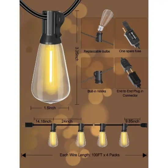 Itopfox Outdoor String Lights Waterproof 400FT Shatterproof Patio Lights with 212 Vintage Dimmable LED Edison Bulbs for Backyard Fence Garden image {4}