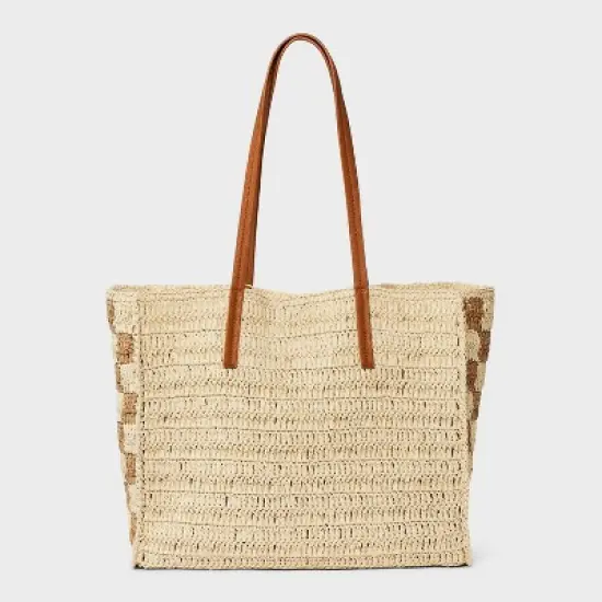 Straw Packable Checker Boxy Tote Handbag - Universal Thread&trade; Beige image {5}