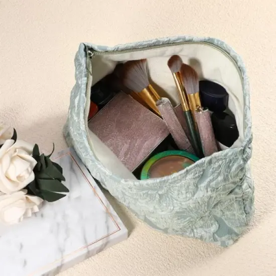 Unique Bargains Travel Canvas Floral Zipper-Closure Green 1 Pc image {2}