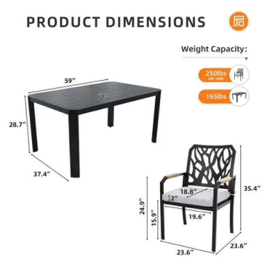 7-Piece Outdoor Patio Aluminum Dining Set with 59" Rectangular Table, 6 Cushioned Armchairs, and Umbrella Hole image {6}