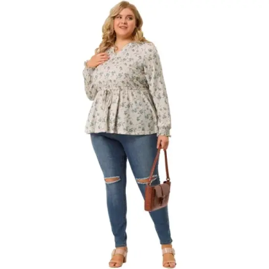 Agnes Orinda Women's Plus Size Floral Ruffle Neck Drawstring Waist Long Sleeve Peplum Tops image {2}