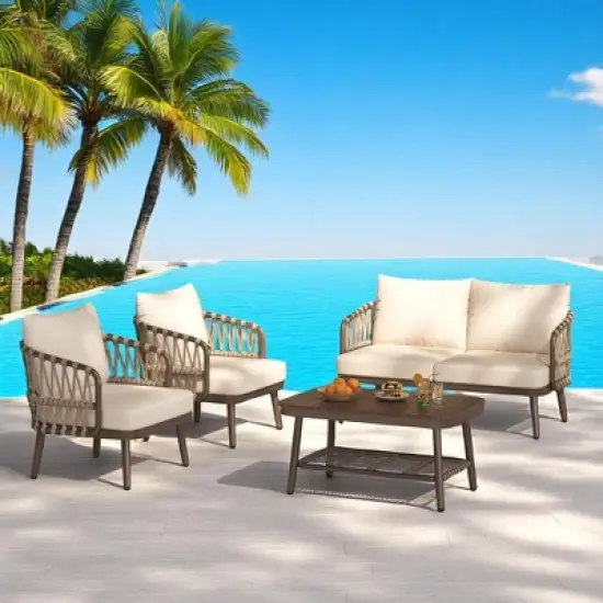 4-Piece Outdoor Conversation Set with Woven Rope U-Shaped Backrest, Acacia Wood Coffee Table, Water-Repellent Cushions image {11}