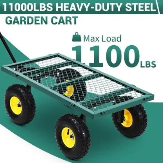 Heavy Duty Steel Garden Cart,550 LBS Capacity 3-in-1 Pullable Metal Wagon with 10" Pneumatic Wheels,180&deg;Rotating Handle & Removable Sides, Green image {5}