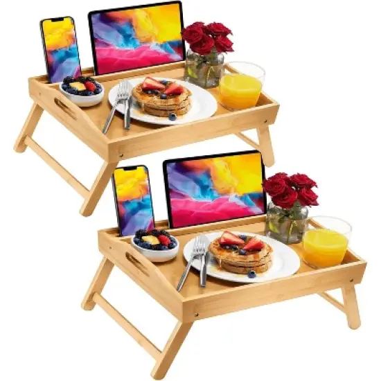 2 Pack Bamboo Bed Tray with Folding Legs, Device Holder, and Handles - 15.75" x 12" x 8.75", Perfect for Laptops, Meals, and Drinks Homeitusa image {7}
