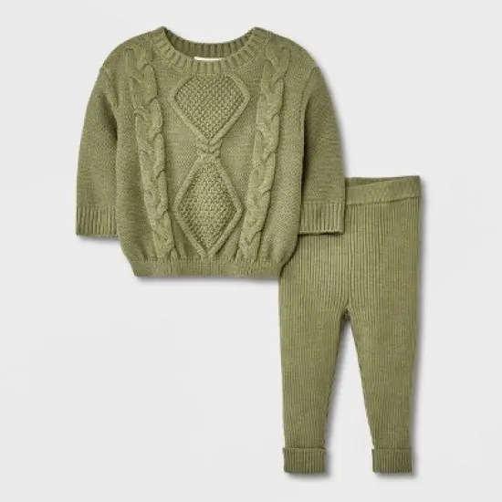 Grayson Collective Baby Cable Knit Pullover Sweater & Leggings Set - Olive Green image {4}