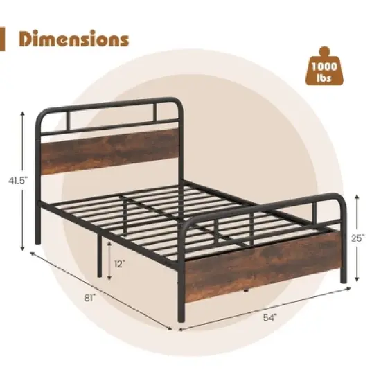 Costway Metal Platform Bed Frame Industrial Headboard Mattress Foundation image {2}