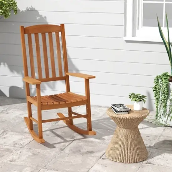Tangkula Patio Rocking Chair w/ 400 lbs Weight Capacity Eucalyptus Wood Porch Rocker w/ High Back image {1}