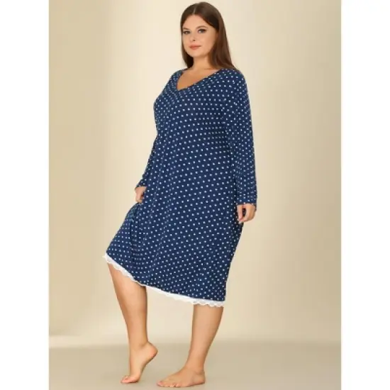 Agnes Orinda Women's Plus Size Polka Dots Lace Long Sleeve Nightgown image {2}