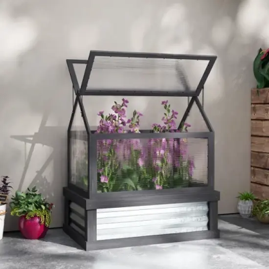 Outsunny Raised Garden Bed with Polycarbonate Greenhouse, Wooden Cold Frame Greenhouse, Garden Flower Planter Protection, 35.5"x22.5"x38.25", Gray image {5}