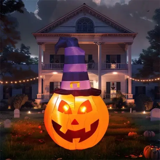 Joyfy 5 FT Halloween Inflatables Outdoor Decorations, Pumpkin Inflatable with Witch Hat, Built-in LEDs for Halloween Party Yard Garden Lawn Decoration image {4}