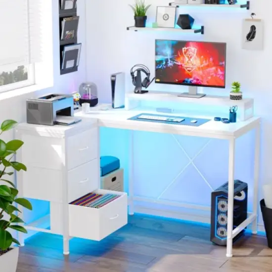 L Shaped Desk with Power Outlets & LED Lights, Computer Desk with Drawers & Shelves, Corner Desk Gaming Desk Home Office Desk image {10}