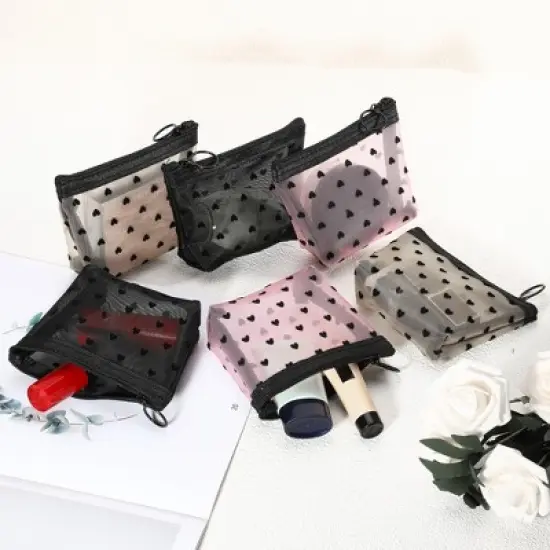 Unique Bargains Heart Shape Print Mesh Makeup Bag Black Beige Pink 6 Pcs image {3}