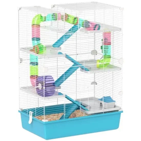 PawHut 32" Hamster Cage, 6 Tier Small Animal Cage with Tubes and Tunnels, Hut, Wheel, Food Dish, Water Bottle, Ramps, for Dwarf & Gerbil, Light Blue image {6}