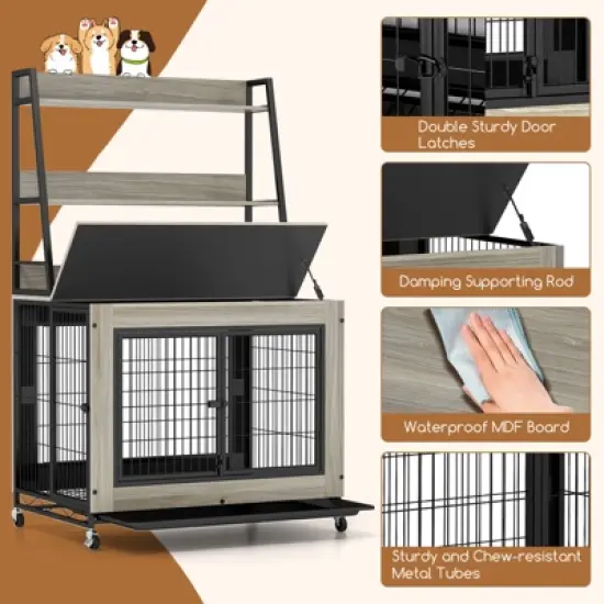 Costway 38&rdquo; Heavy-Duty Dog Kennel on Wheels w/ Pull-out Tray Indoor Pet Furniture Wood Dog House Gray image {8}