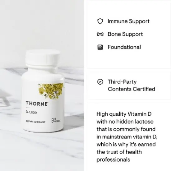 THORNE - Vitamin D-1000 - Vitamin D3 Supplement - 1,000 IU - Support Healthy Bones, Muscles & Immune Function* - Gluten-Free, Dairy-Free - 90 Capsules image {3}
