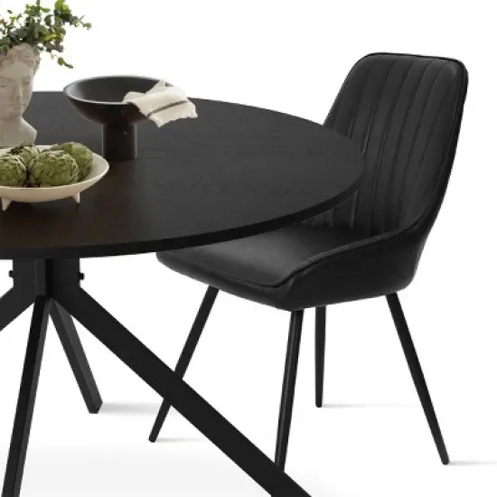 43'' Jones Solid Black Grain Round Dining Table With 4 Upholstered Faux Leather Tiny Armchairs With Metal Legs-The Pop Maison image {2}