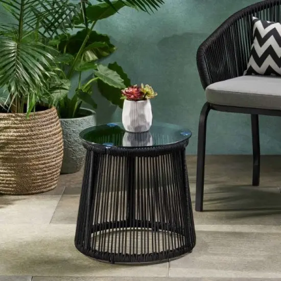 Outdoor Side Table with Tempered Glass Top,Rope Woven Accent Table for Patio or Balcony,Round Patio Side Table with Metal Frame-Coolbibila image {7}