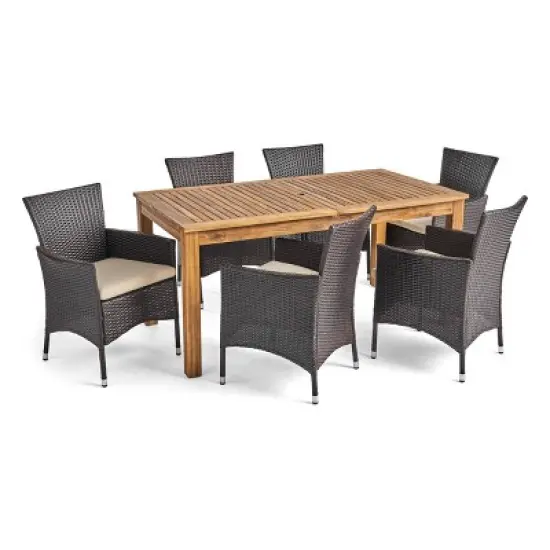 Nadia 7pc Wood & Wicker Expandable Patio Dining Set - Natural/Brown/Beige - Christopher Knight Home image {1}