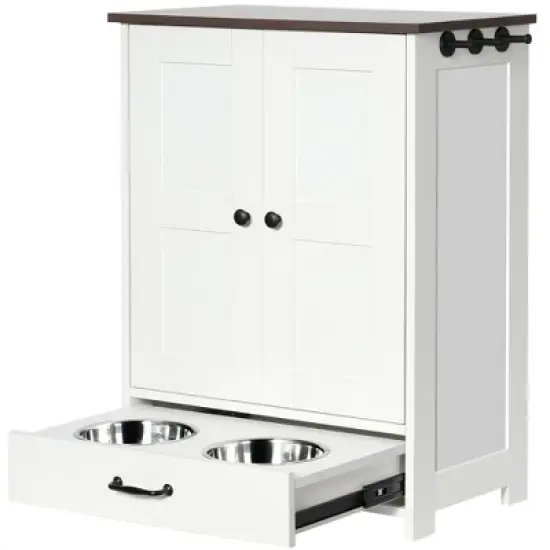 Ridstar Medium Sized Dog Food Storage Cabinet with Hidden Dog Bowls, Adjustable Panel & Hooks-White image {3}