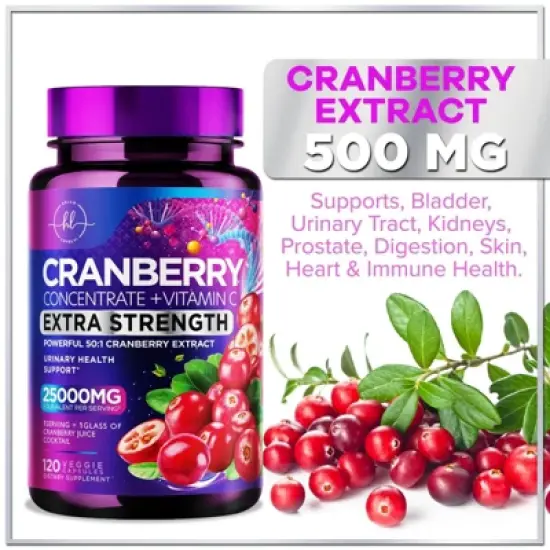 Cranberry Extract Pills 25000mg + Vitamin C Extra Strength Urinary Tract Support - 60 Capsules;120 Capsules image {5}