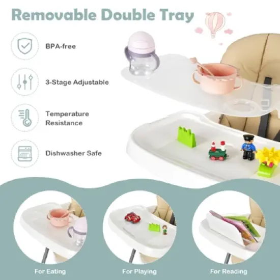 Infans Foldable Baby High Chair w/ Double Removable Trays & Book Holder image {5}