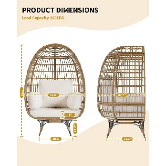 Outdoor 360 Swivel Egg Chair, Oversized Egg Lounge Chair w/Steel Frame and 4 Thick Cushions Chairs for Indoor Porch, Backyard, Living Room image {2}