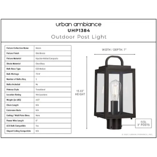 Urban Ambiance Luxury Farmhouse Outdoor Post Light 15.625''H x 7''W,  Olde Bronze Finish,  Macon Collection, UHP1384 image {2}