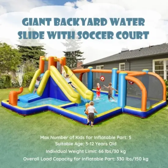 Costway Giant Soccer-Themed Inflatable Water Slide Bouncer W/ Splash Pool Without Blower image {2}