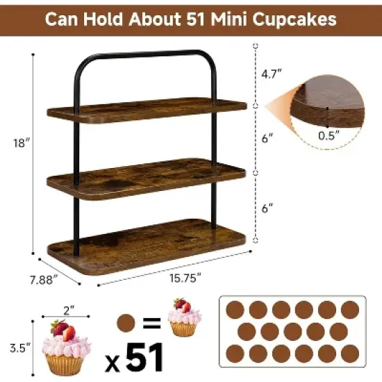 Rustic wooden cupcake stand with a three-tier design and portable structure, accommodating up to 50 cupcakes perfect for parties. image {1}