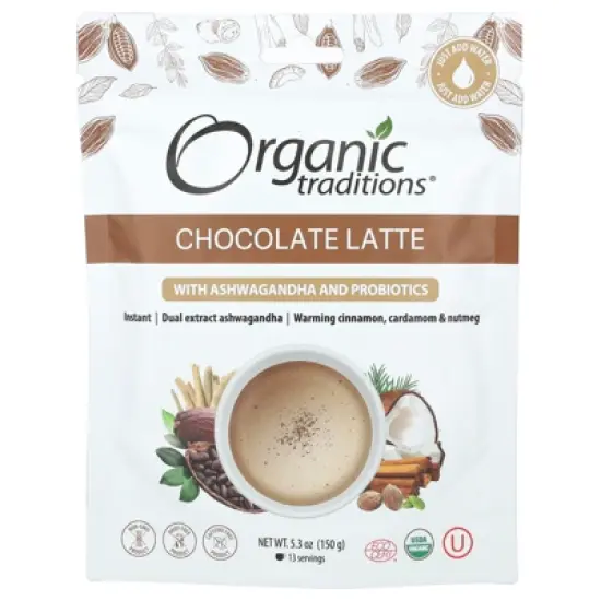 Organic Traditions Chocolate Latte with Ashwagandha and Probiotics, 5.3 oz (150 g) image {2}