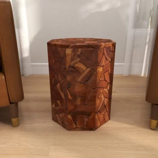 Contemporary Teak Wood Round Accent Table Brown - Olivia & May image {11}