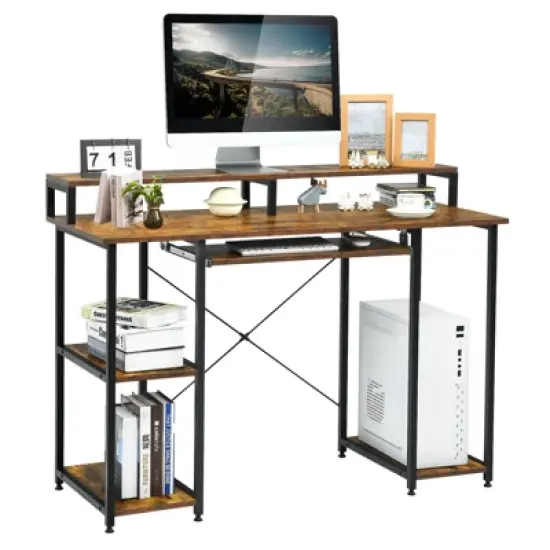 Tangkula Computer Desk Home Office Workstation w/Book Shelves for Working Studying Gaming, Rustic Brown image {9}