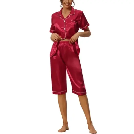 cheibear Womens Pajama Sleepwear Button Down with Capri Pants Satin Lounge Pjs Set image {10}