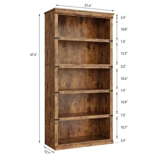 5 Tier Book Shelf Farmhouse Bookcase Open Storage Shelves 31.4" x 12.7" x 67.4" Book Case image {1}