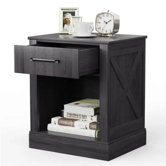 Costway Nightstand with Drawer and Shelf Rustic Wooden Bedside Table Bedroom Brown / Natural / Black image {8}