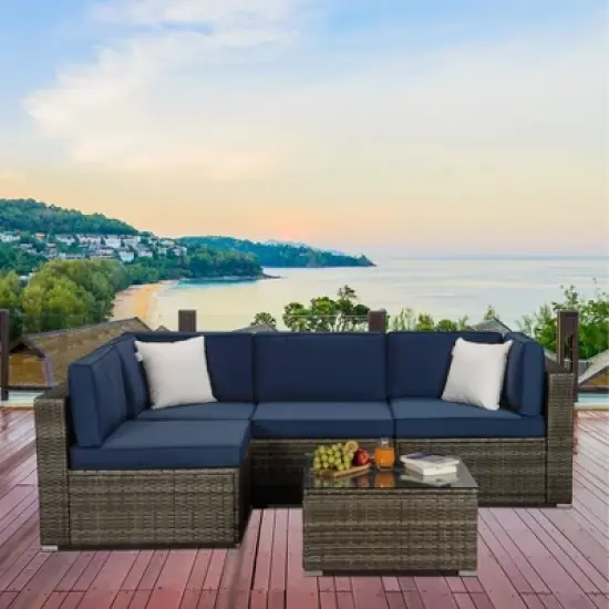 5pc Outdoor Rattan Wicker Sectional Conversation Set with Cushions - Brown/Blue - GODEER image {2}