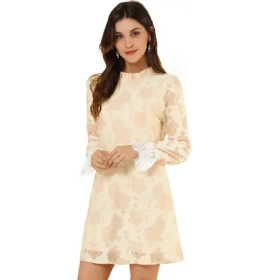 Allegra K Women's Ruffle Crew Neck Formal Elegant Mini Floral Lace Dress image {15}