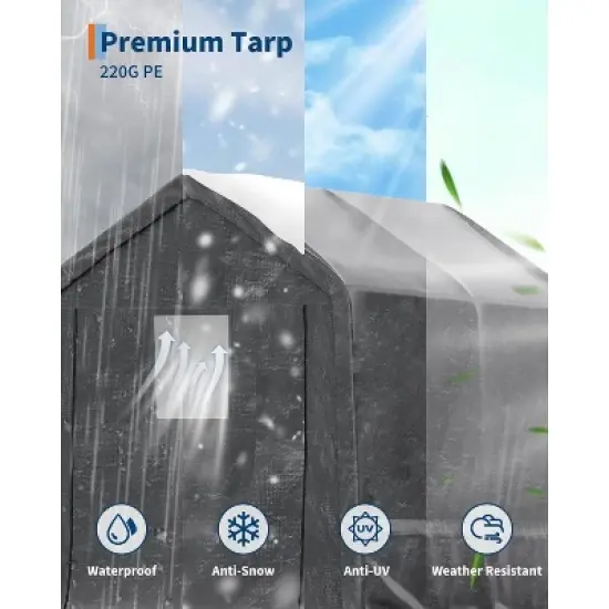 Acekool 10x10FT Outdoor Portable Storage Shed, Roll-Up Door, Heavy-Duty Waterproof PE Tarp, UV-Resistant Shelter for Garden, Tools, Motorcycles,Gray image {2}