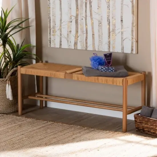 Saura Oak Wood Hemp Dining Bench Brown - Baxton Studio image {1}